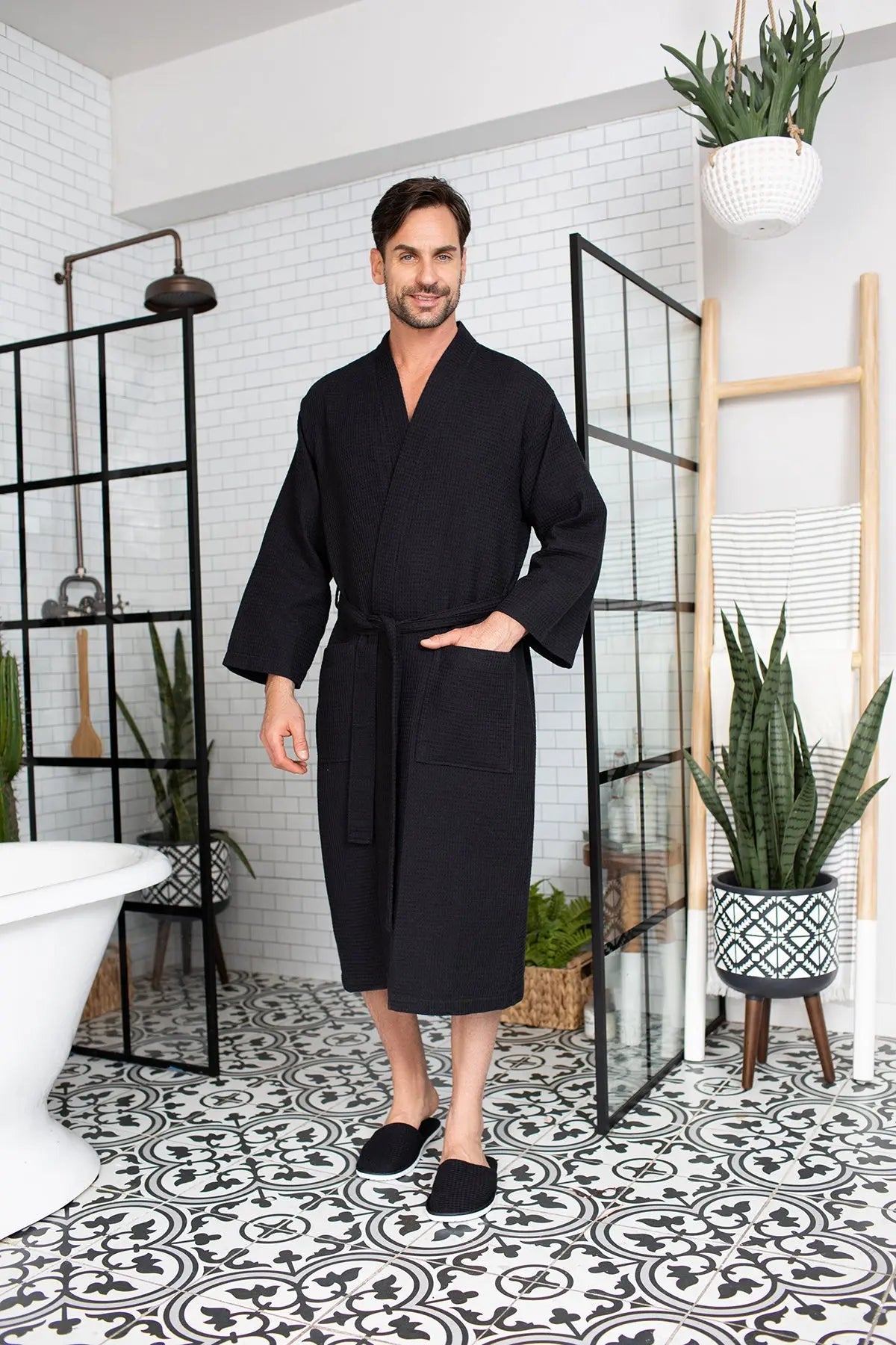 Waffle Kimono Spa Bathrobe for Men - Absorbent, Lightweight