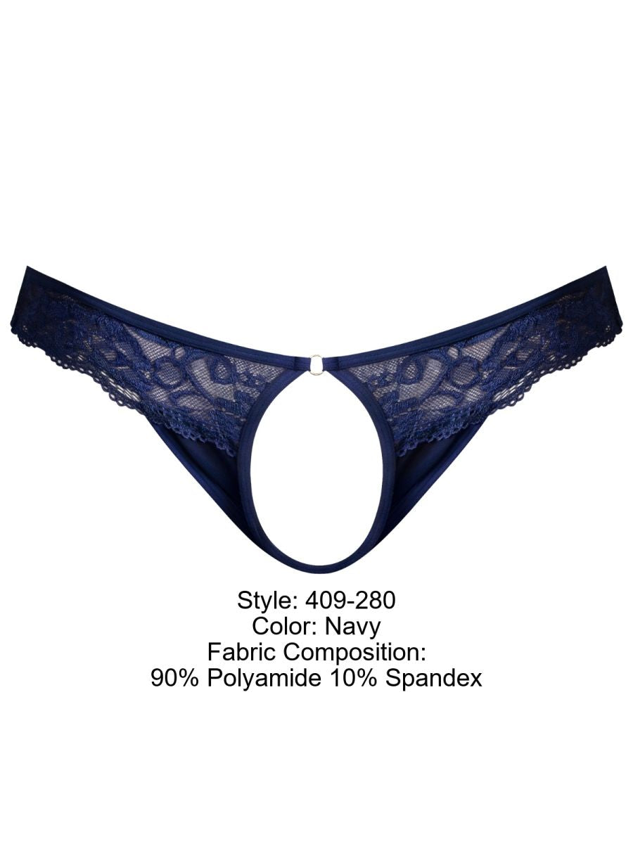 Male Power 409-280 Sassy Lace Open Ring Thong Color Navy