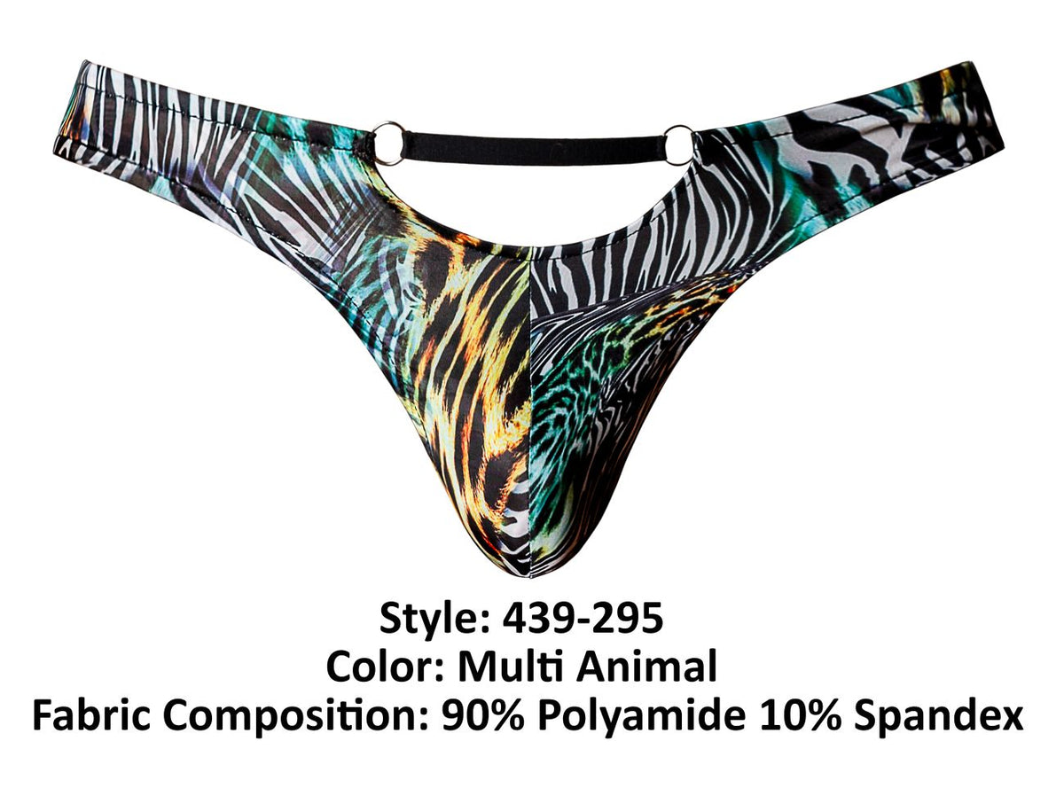 Male Power Men's Underwear 439-295 Go Wild Thong with 2 Rings Color Multi Animal
