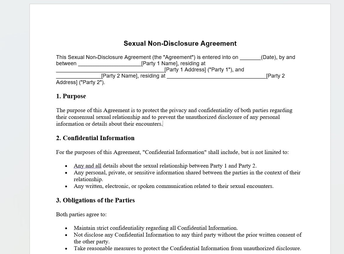 Sexual Relationship Non-Disclosure Agreement Form Template