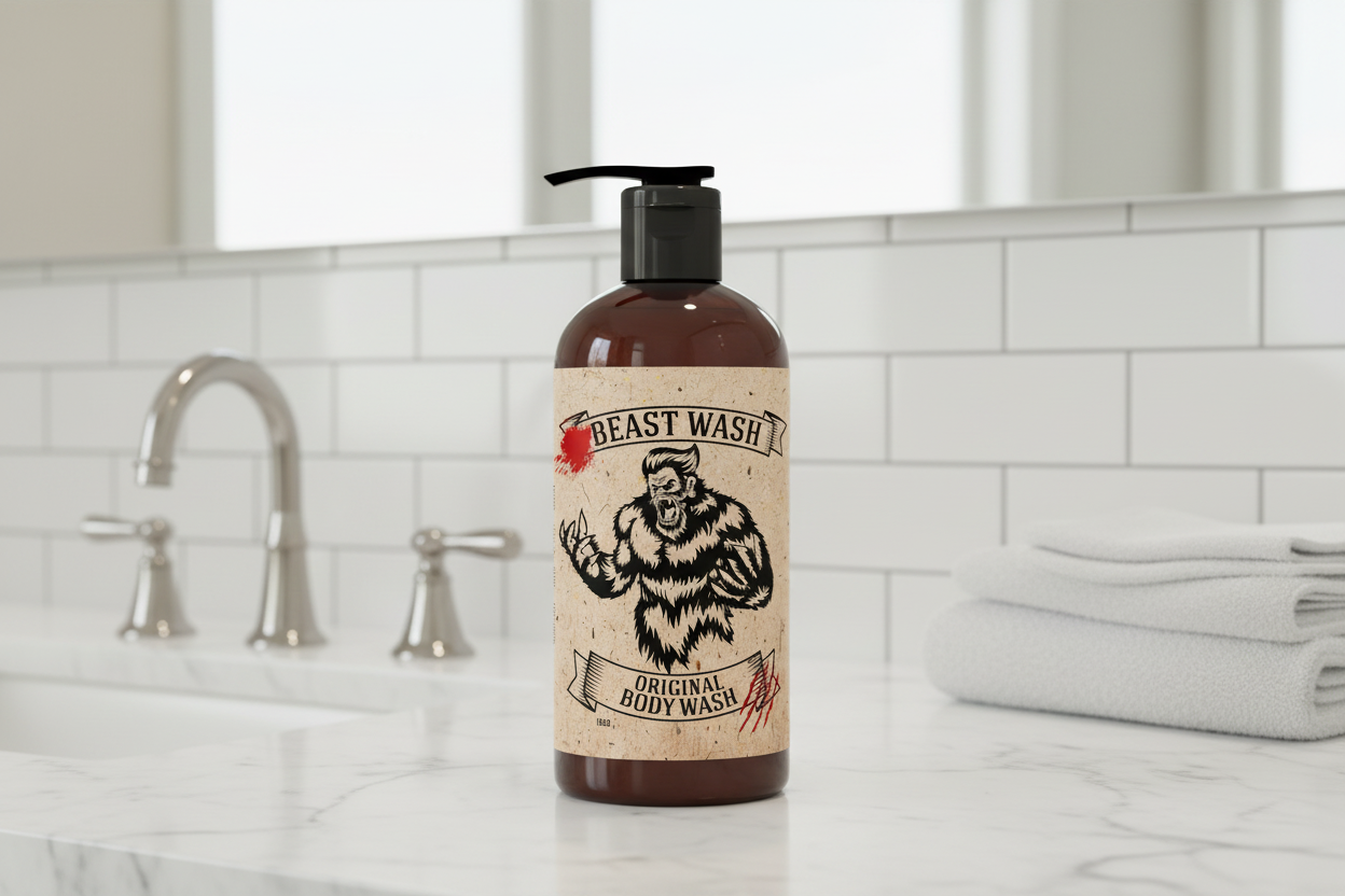 Bottle of Beast Wash Original Body Wash with a bear graphic on a white background
